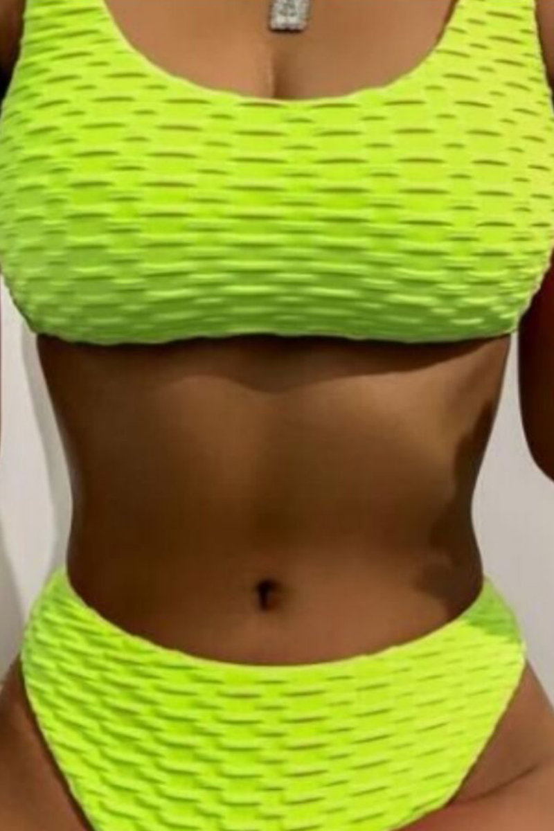 Wholesale Fluorescent Green Sexy Solid Patchwork Swimwears Ws