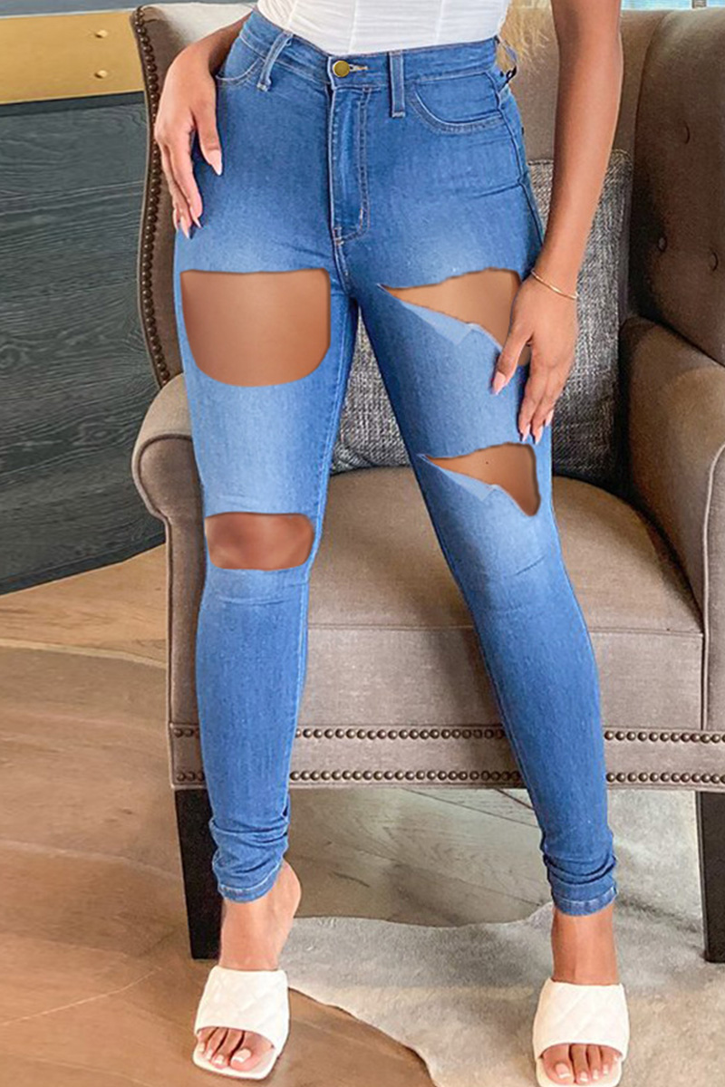 Wholesale Medium Blue Fashion Casual Solid Ripped High Waist Jeans