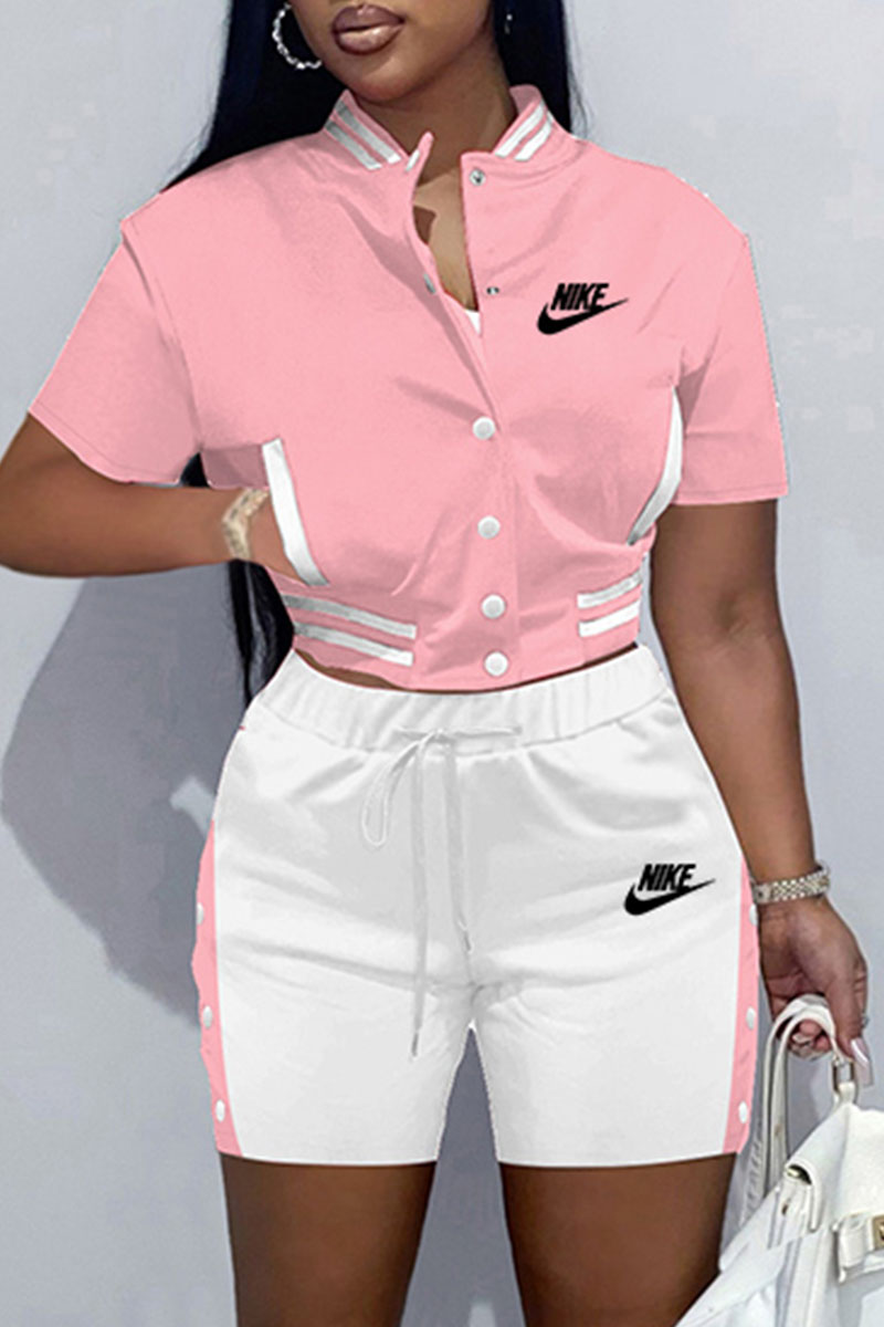 Pink Fashion Sportswear Print Split Joint Mandarin Collar Short Sleeve Two Pieces
Pink Fashion Sportswear Print Split Joint Mandarin Collar Short Sleeve Two Pieces