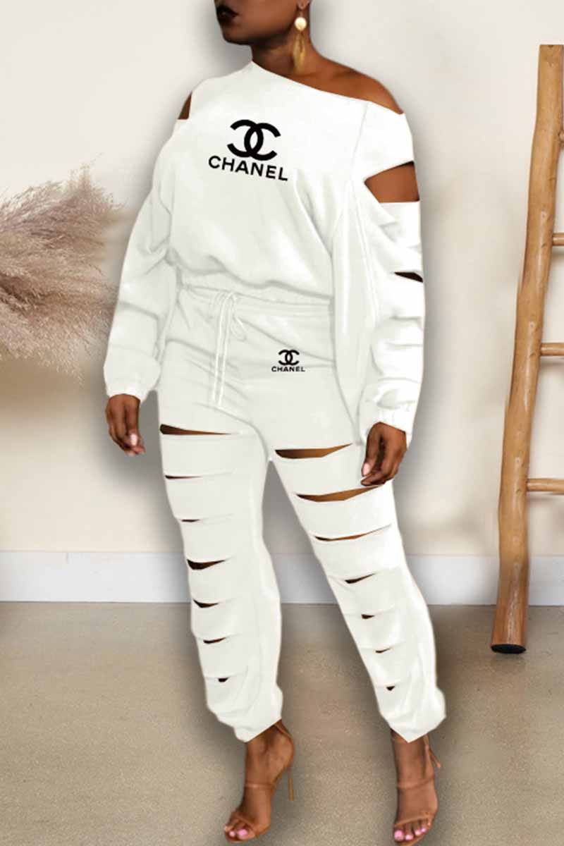 White Fashion Casual Print Hollowed Out Letter Oblique Collar Long Sleeve Two Pieces
White Fashion Casual Print Hollowed Out Letter Oblique Collar Long Sleeve Two Pieces