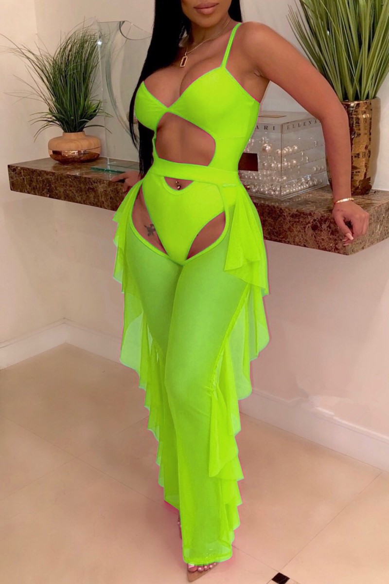 Wholesale Fluorescent Green Sexy Solid Hollowed Out See Through