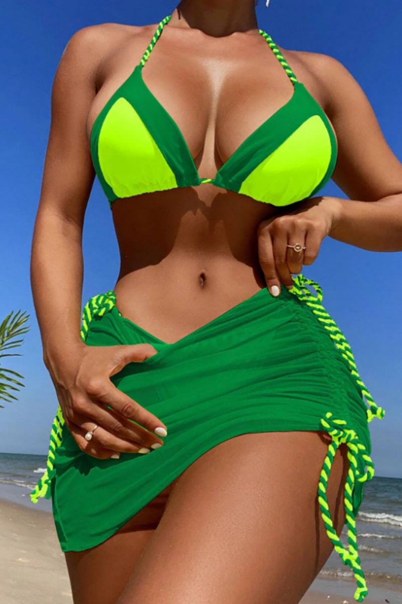 Wholesale Green Sexy Patchwork Frenulum Backless Contrast Swimsuit