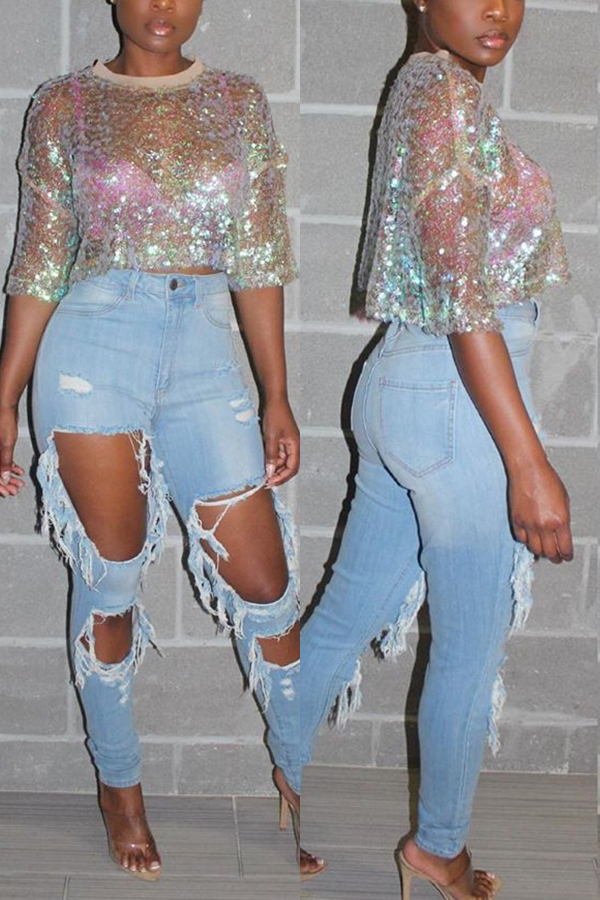 Sexy Sleeves Sequins Transparent Color Top