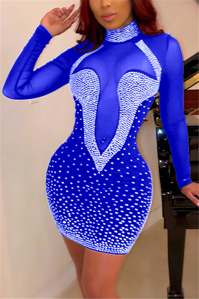 Fashion Sexy Diamond Mesh Perspective Blue Dress