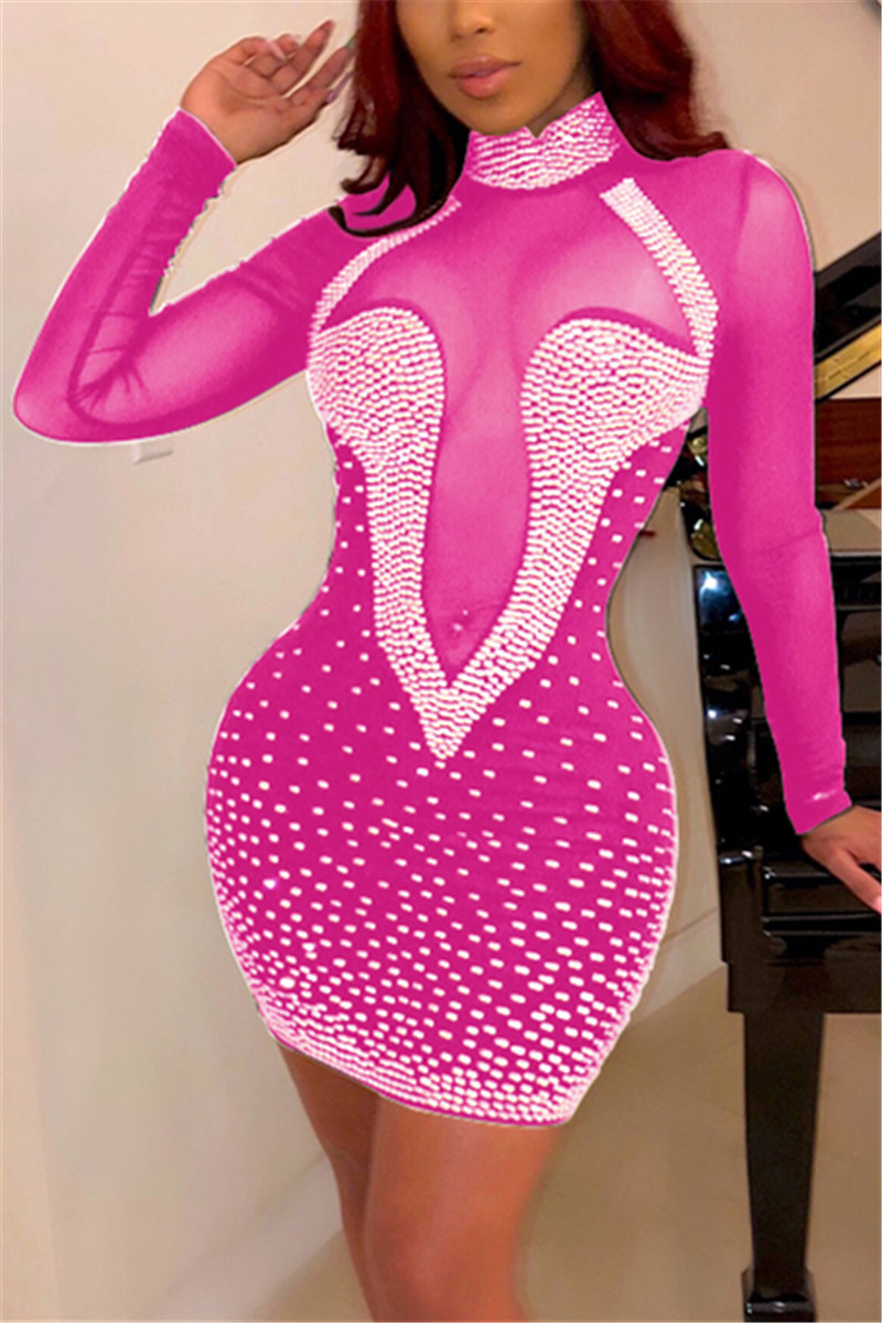 Fashion Sexy Diamond Mesh Perspective Pink Dress