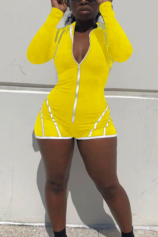 Casual Solid Color Ribbon Stitching Tight Long Sleeve Yellow Romper