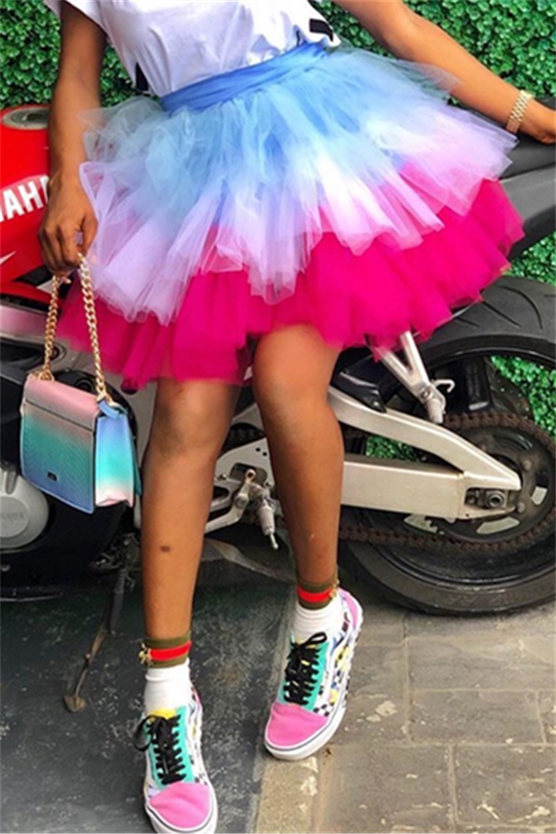 Cute Lady Colorblock Multi-Layer Mesh Tutu Multicolor Skirt