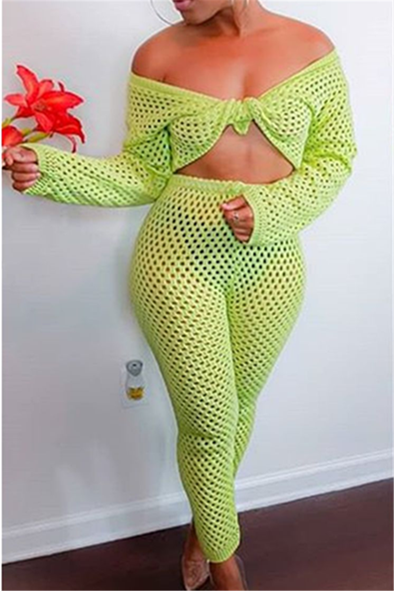 Fashion Casual Sexy Mesh Knitted Fluorescent Green Two-Piece Suit