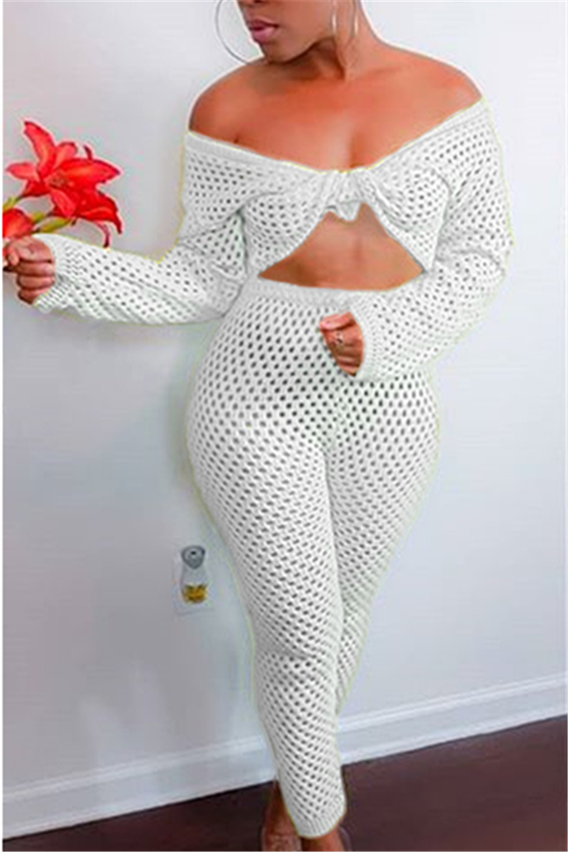 Fashion Casual Sexy Mesh Knitted White Two-Piece Suit
