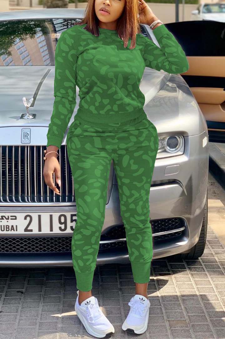 Casual Spot Print Sports Army Green Two-Piece Suit