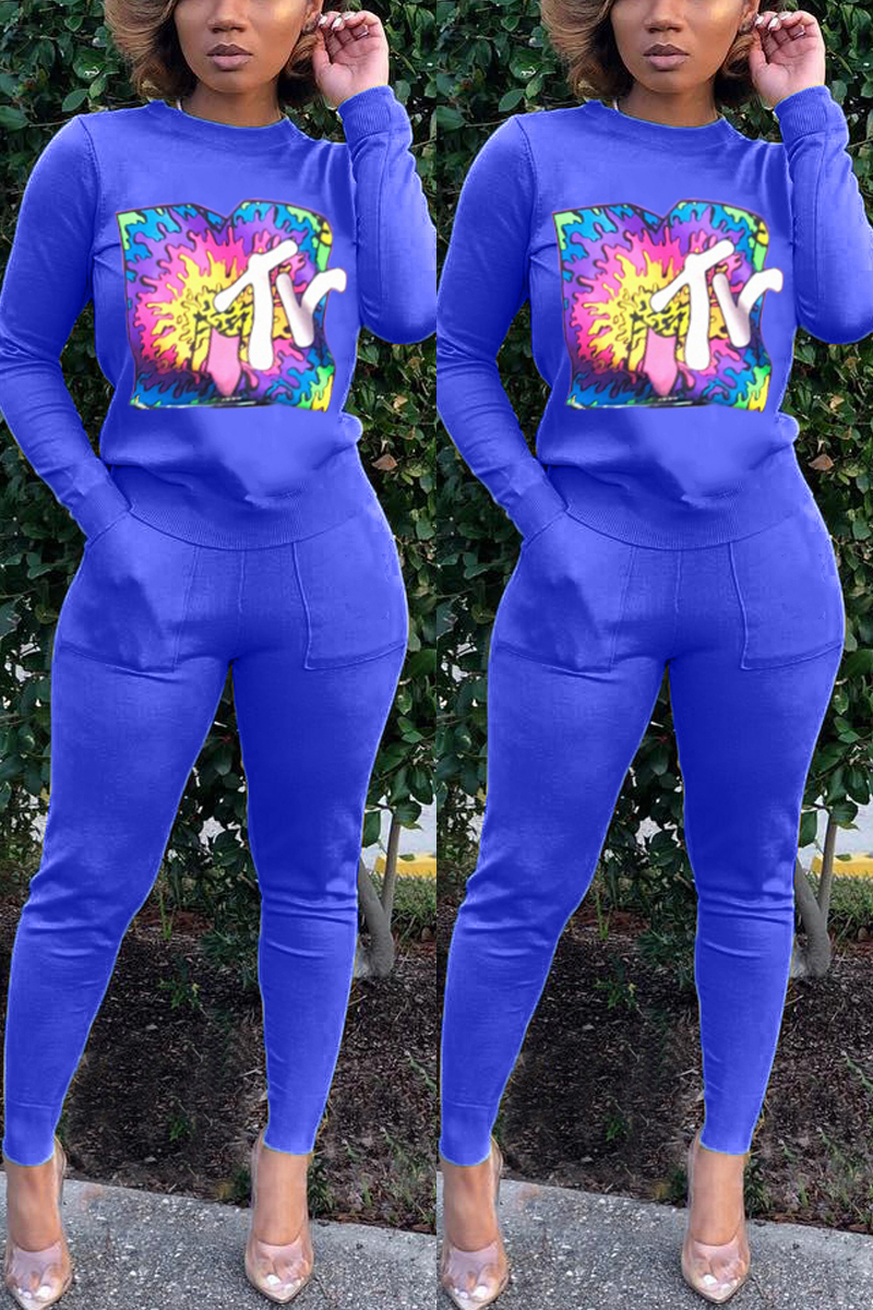 Casual Letter Print Stitching Thread Blue Sports Suit