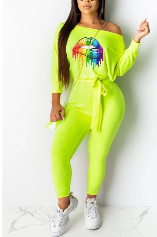 Fashion Street Hipster Lips Print Fluorescence Jumpsuit