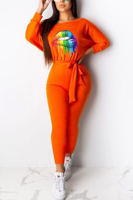 Fashion Street Hipster Lips Print Orange Jumpsuit