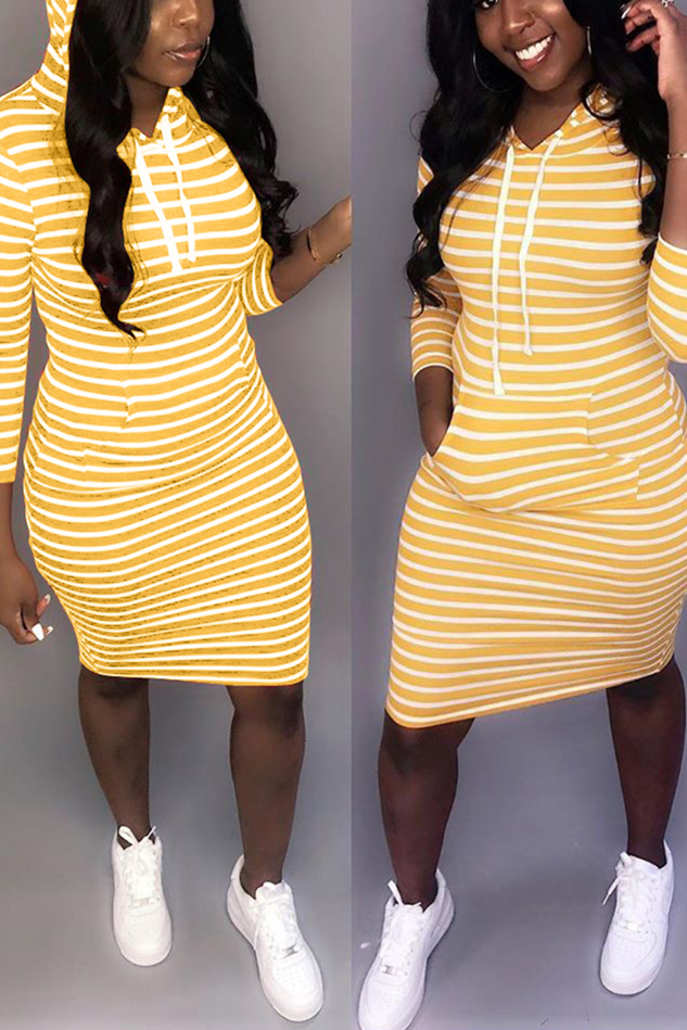 Casual Striped Three-Quarter Sleeve Hooded Yellow Dress