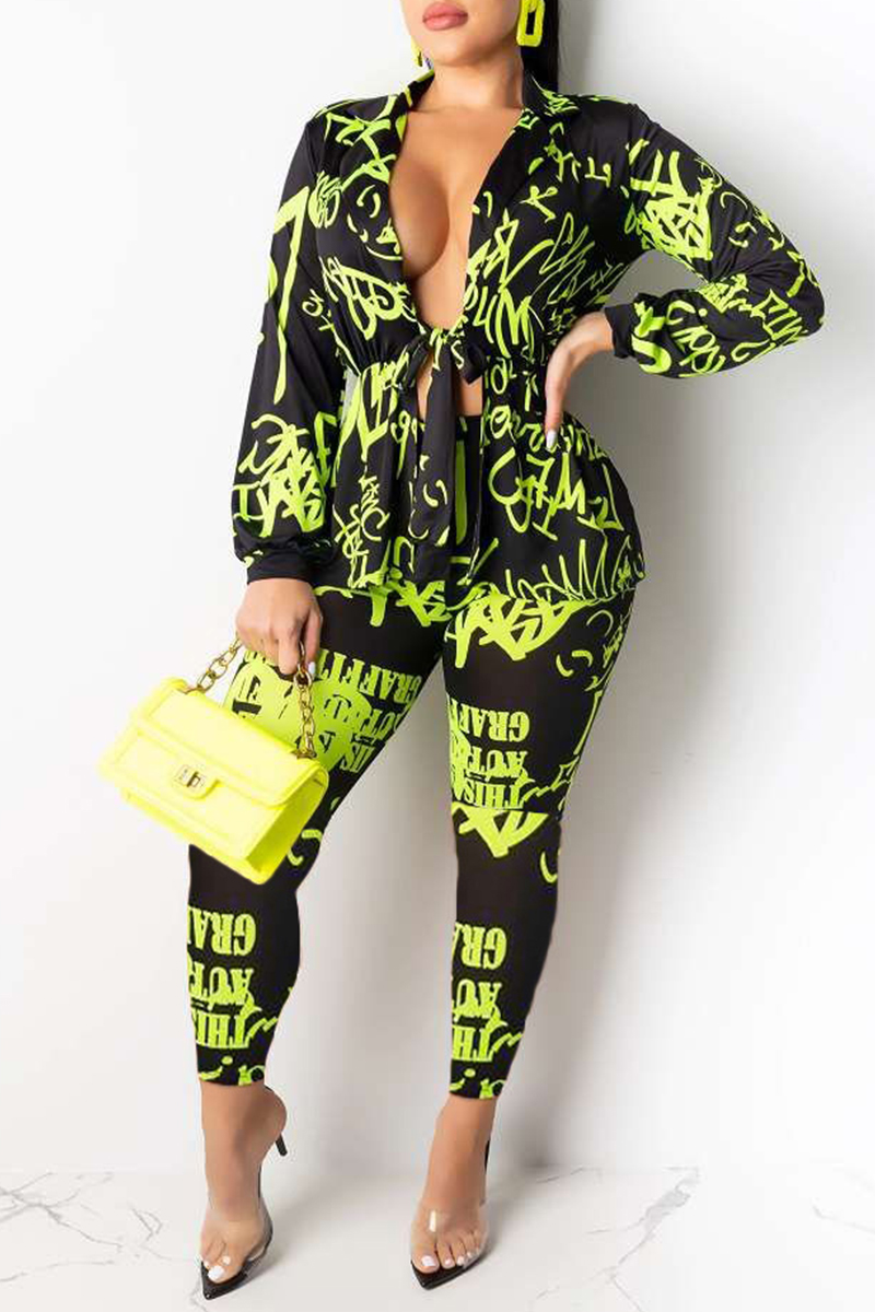 Fashion Green Letter Print Two Pieces