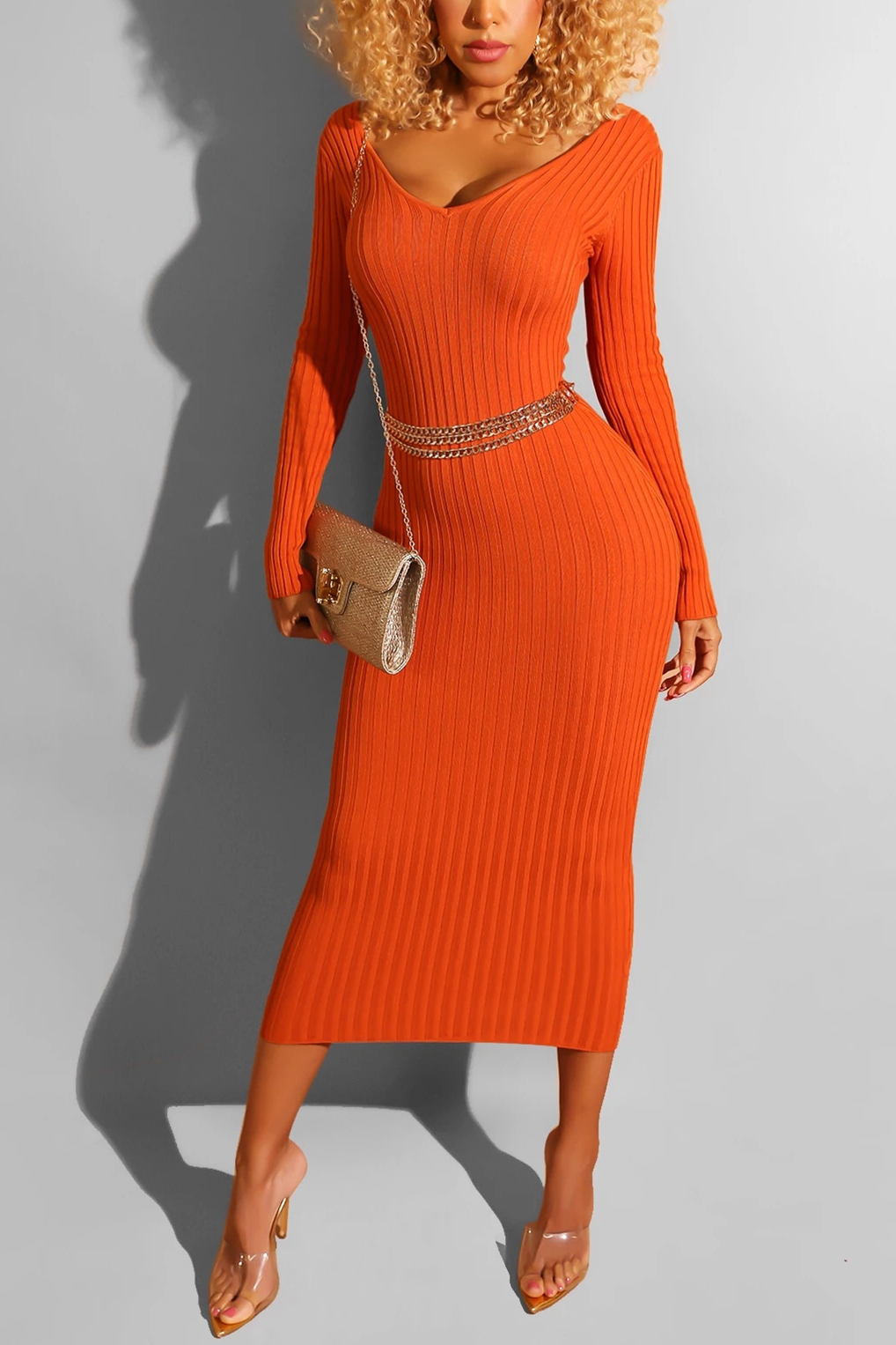 Fashion V-Neck Long-Sleeved Orange Dress (without belt)