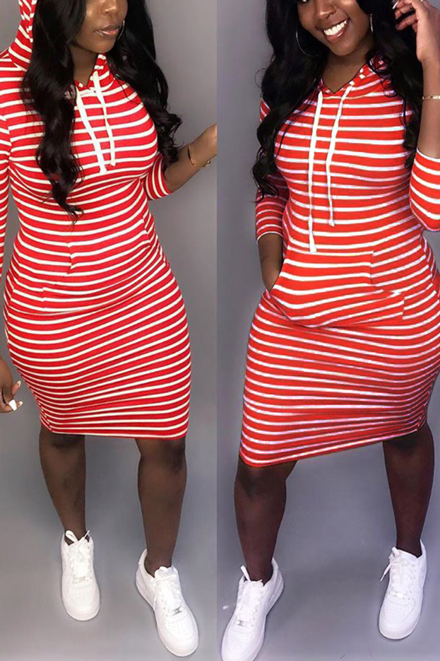 Casual Striped Three-Quarter Sleeve Hooded Red Dress