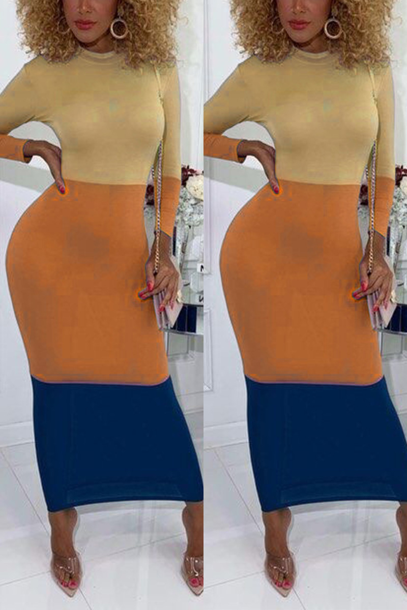 Fashion Casual Stitching Long-Sleeved Orange Dress