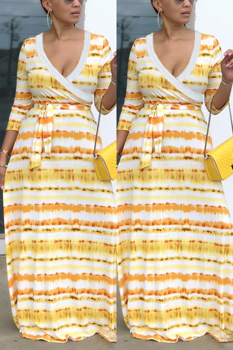 Sexy Women's Deep V-neck Gradient Striped Print Yellow Dress