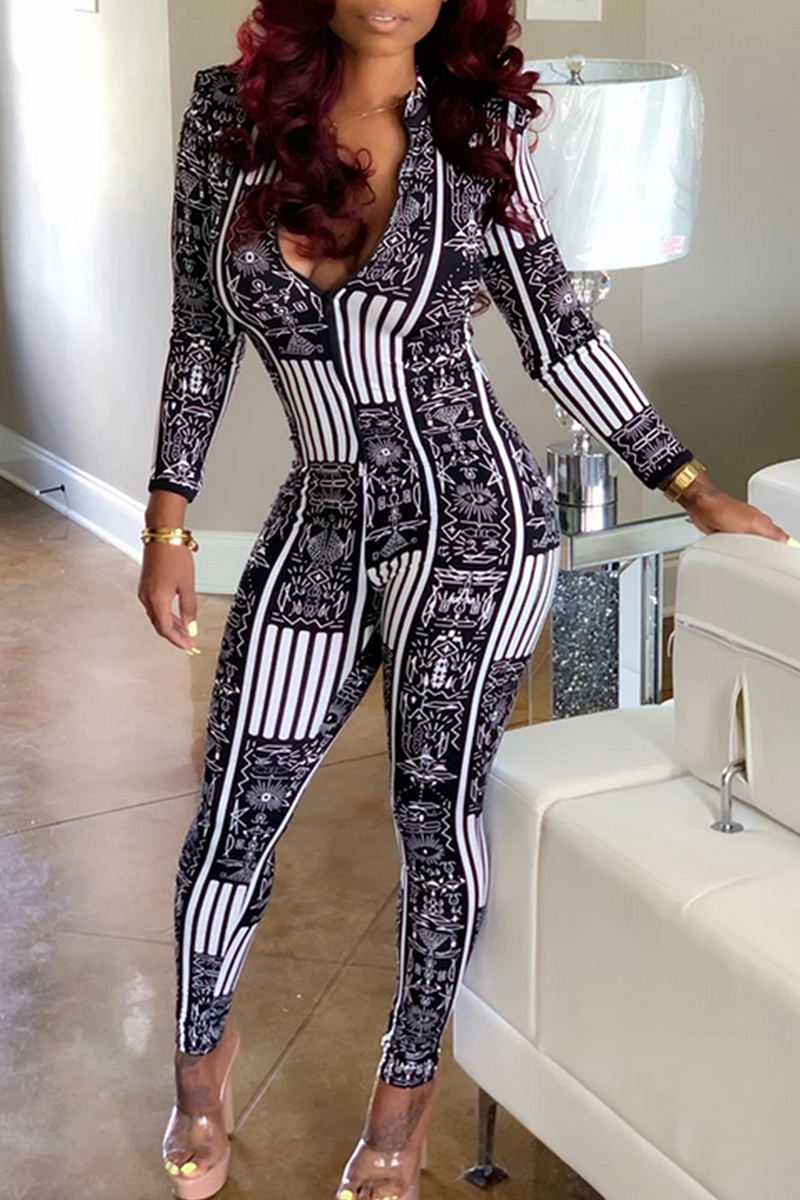 Leisure Commuter Sexy Printed Tight Black Jumpsuits