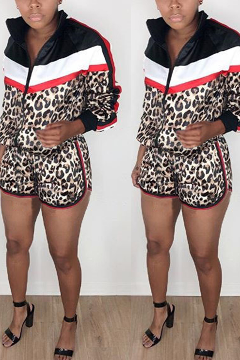 Fashion Leopard Print Splicing Shorts Black Two-Piece Suit