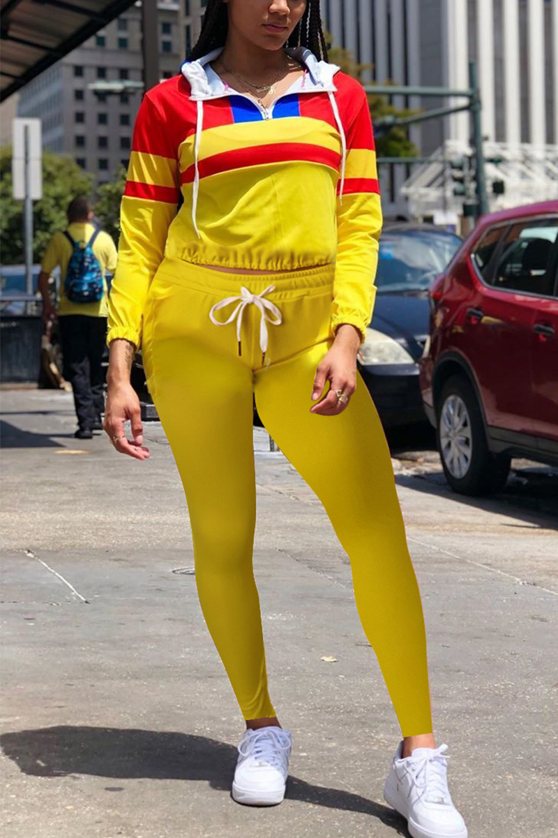 Casual Long Sleeve Contrast Yellow Sports Suit