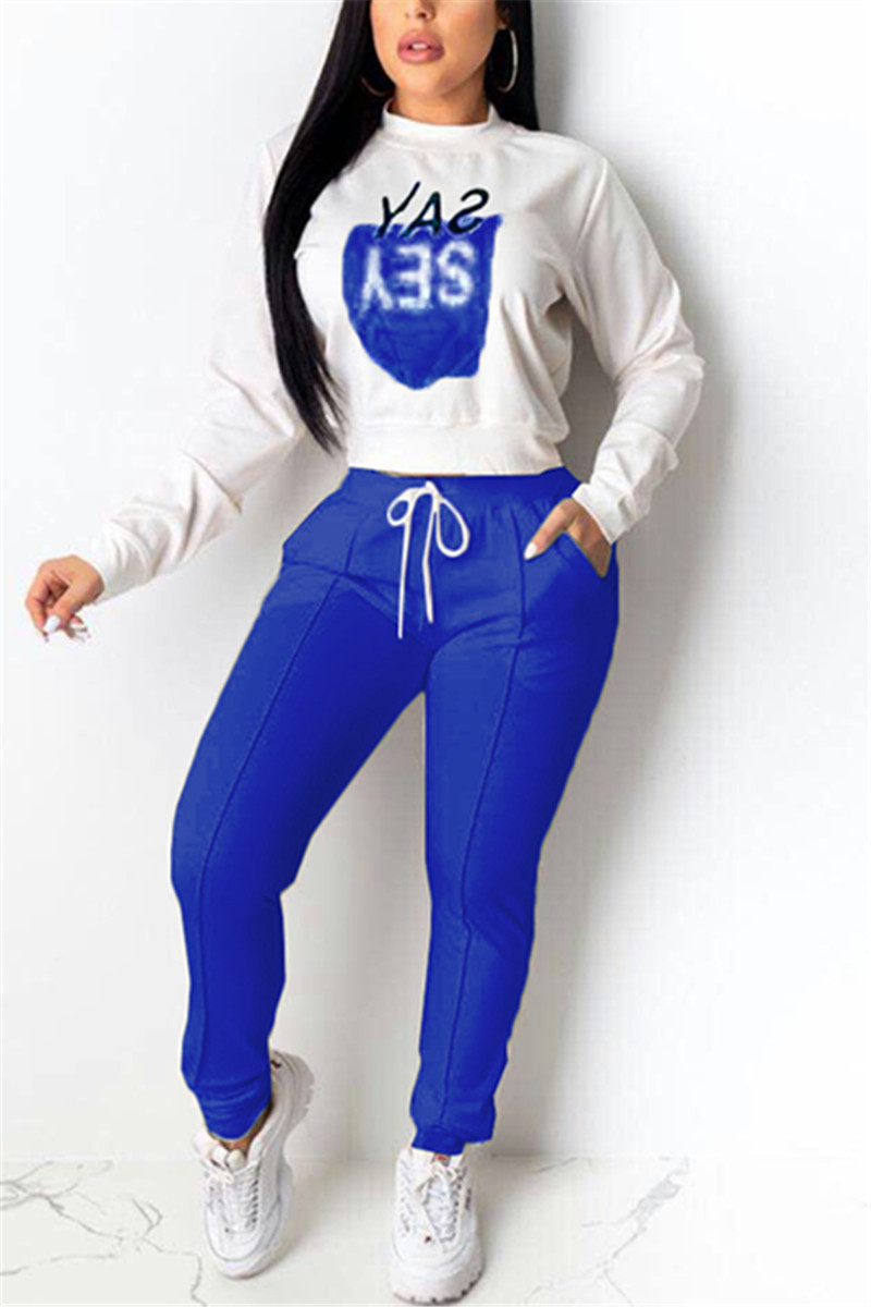 Fashion Sports Casual Letter Print Long Sleeve Blue Two-Piece