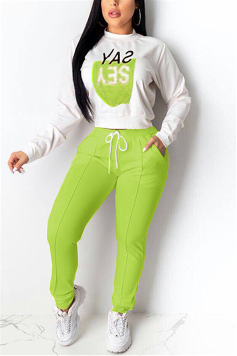 Fashion Sports Casual Letter Print Long Sleeve Green Two-Piece