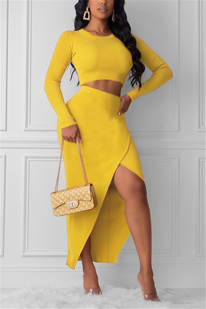 Sexy Split Slim Yellow Long-Sleeved Skirt Two-Piece Suit