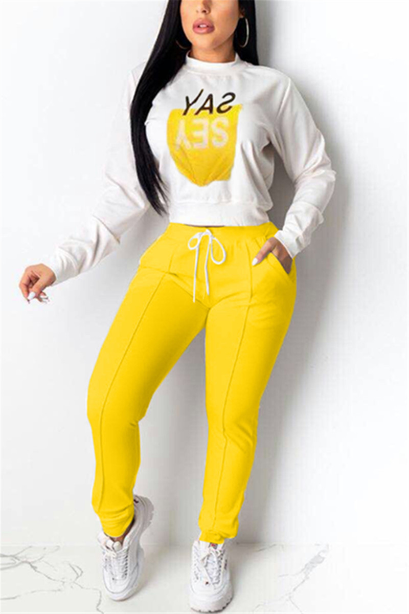 Fashion Sports Casual Letter Print Long Sleeve Yellow Two-Piece