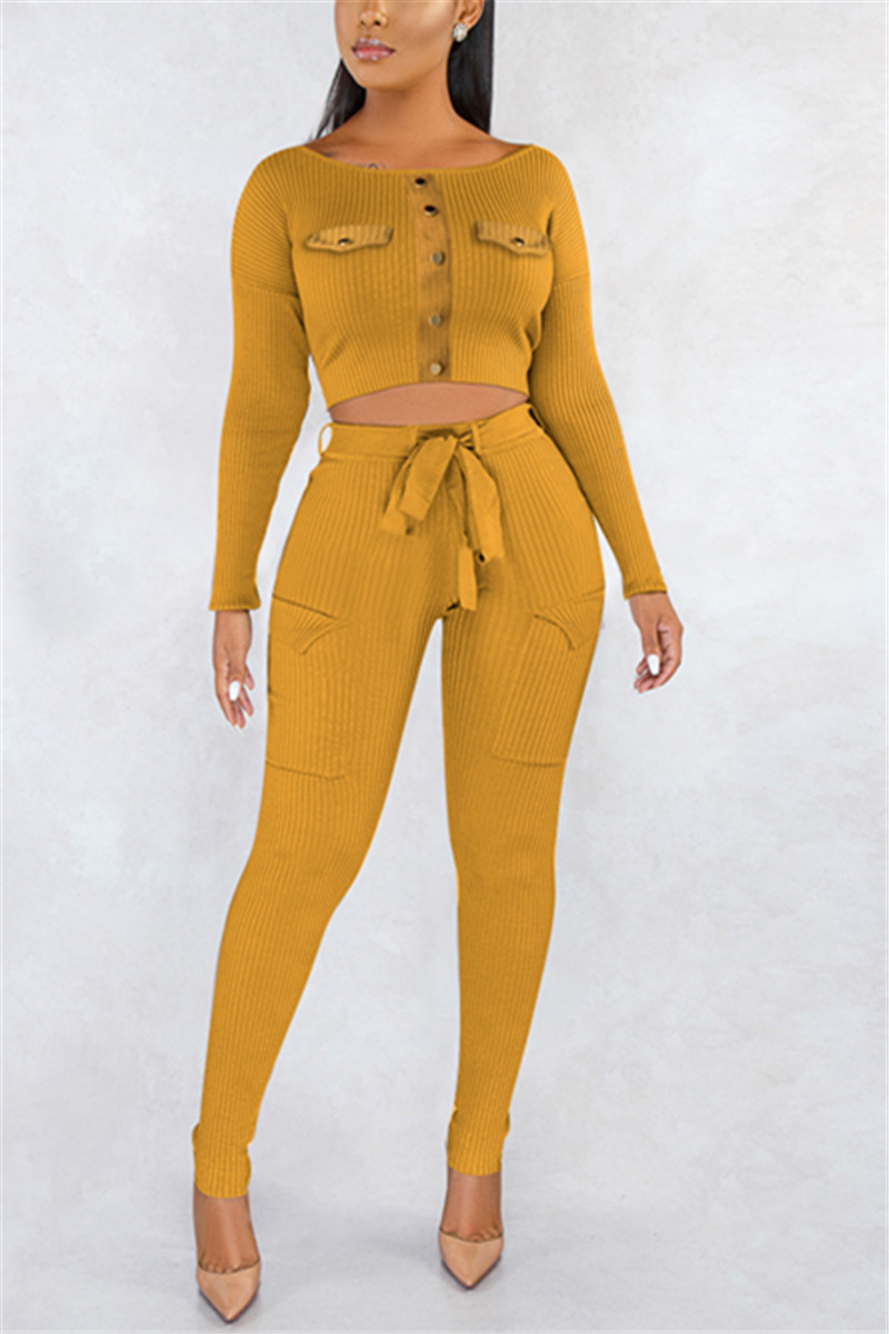Fashion Casual Pit Long-Sleeved Trousers Yellow Two-Piece