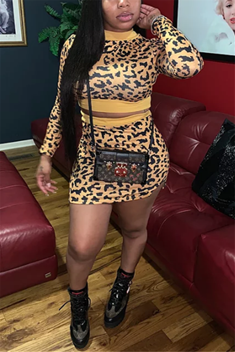 Fashion Sexy Slim Leopard Print Long Sleeve Two-Piece Suit