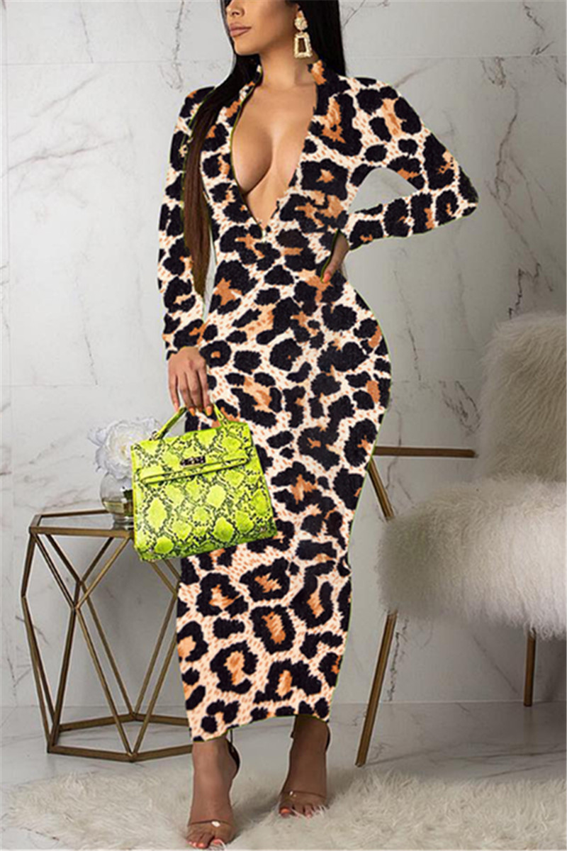 Fashion Print Long Sleeve Zip Leopard Dress