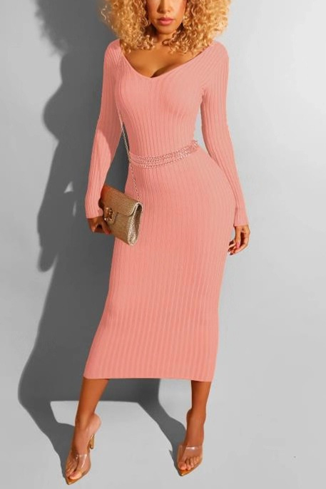 Fashion V-Neck Long-Sleeved Pink Dress (without belt)