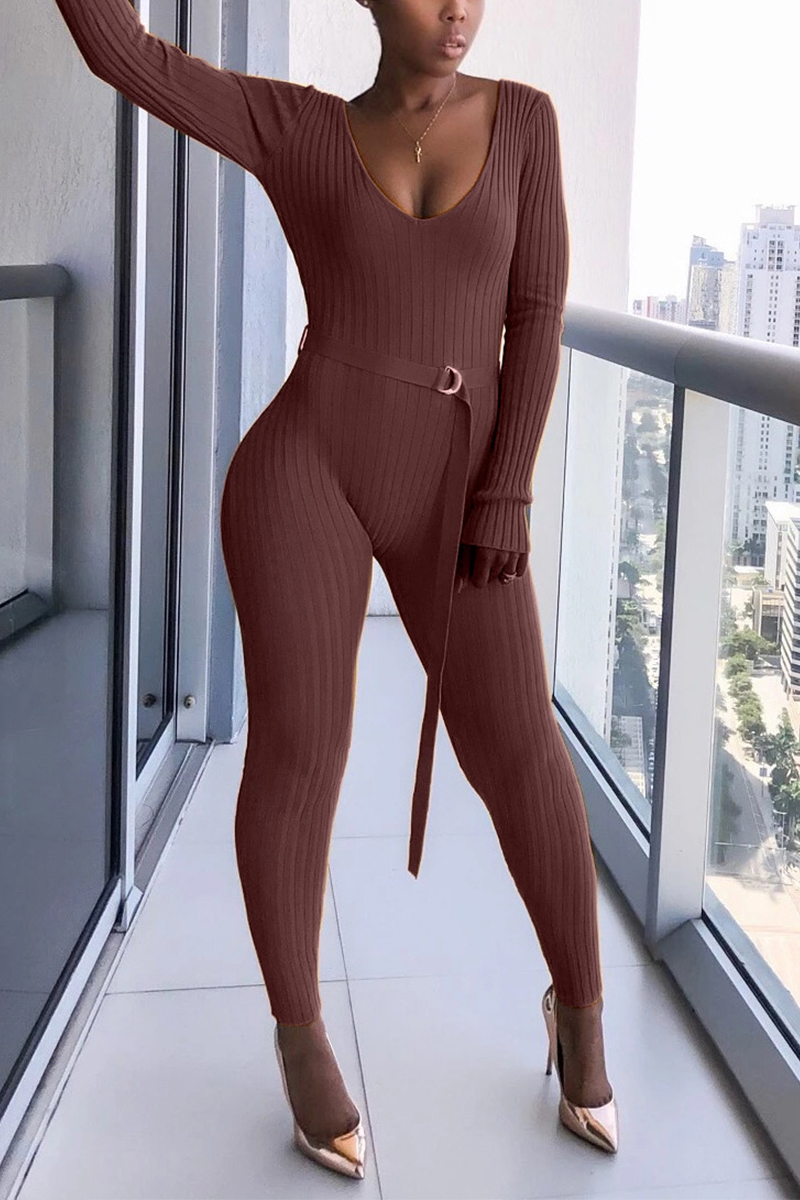Fashion Sexy Long Sleeve V-Neck Brown Jumpsuit