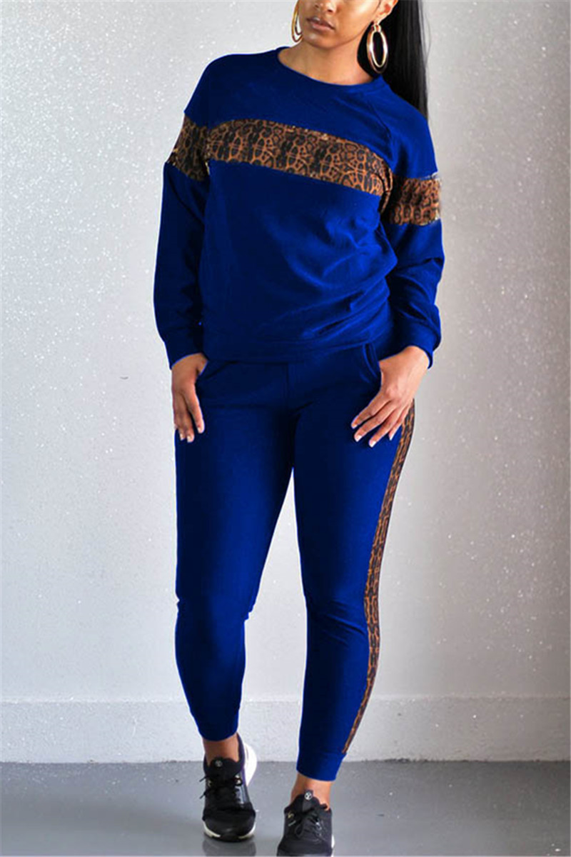 Fashion Leopard Print Stitching Blue Long Two-Piece Suit