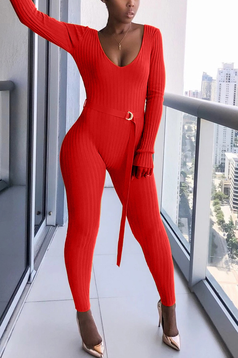 Fashion Sexy Long Sleeve V-Neck Red Jumpsuit
