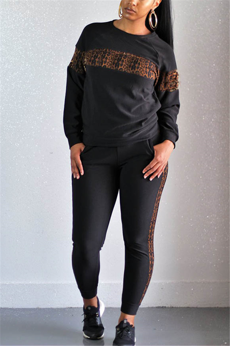 Fashion Leopard Print Stitching Black Long Two-Piece Suit