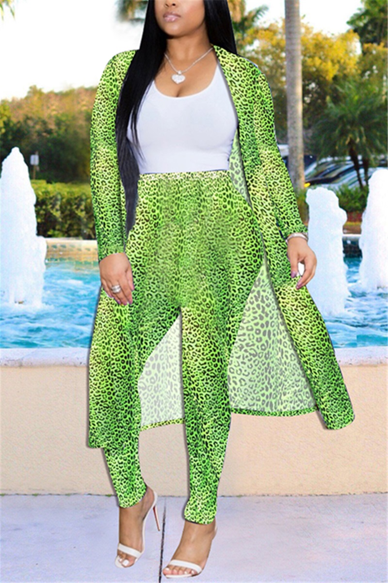 Nightclub Fashion Leopard Print Long Coat Green Two-Piece Suit