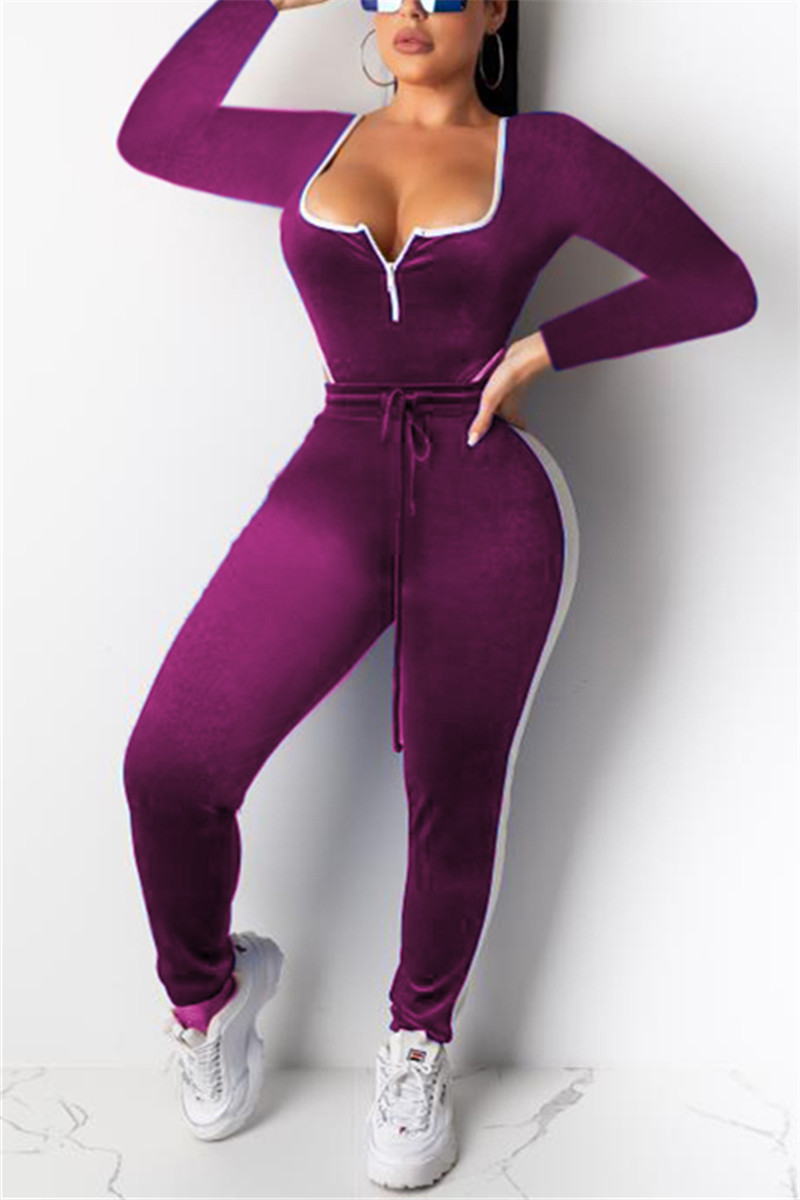 Sexy Women's Zipper U-Neckline Purple Two-Piece