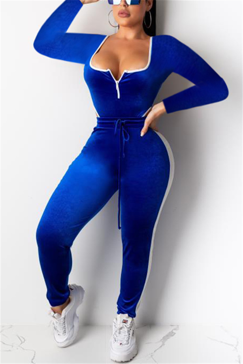 Sexy Women's Zipper U-Neckline Blue Two-Piece