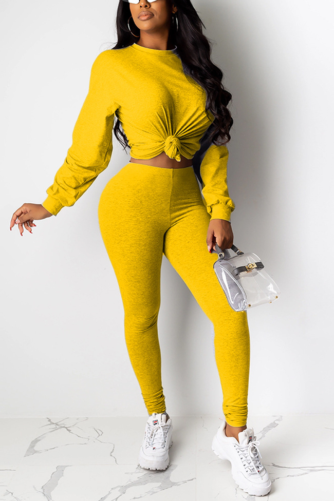 Fashion Sport Solid Color Long Sleeve Yellow Two-Piece Suit