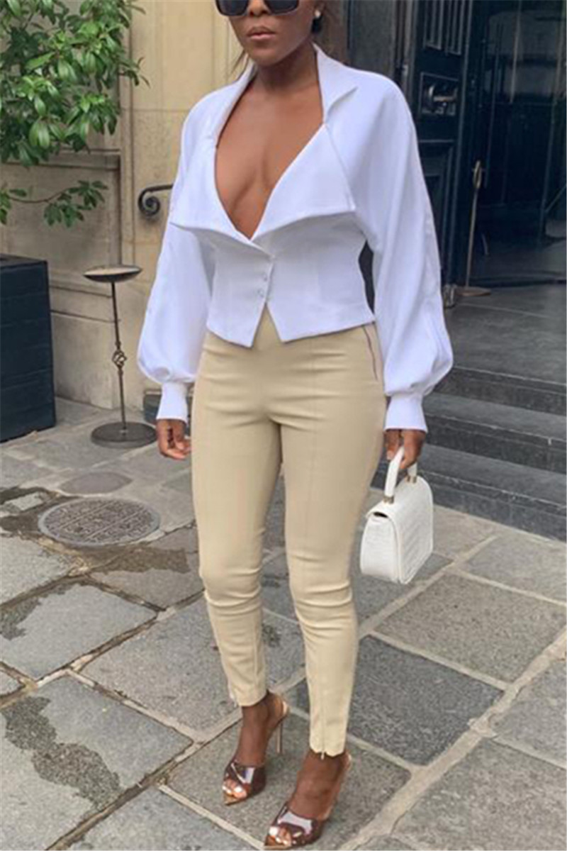 Fashion Sexy Solid Color V-Neck Long-Sleeved White Top