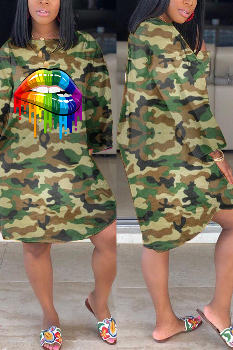 Fashion Color Drop Lip Camouflage Army Green Dress