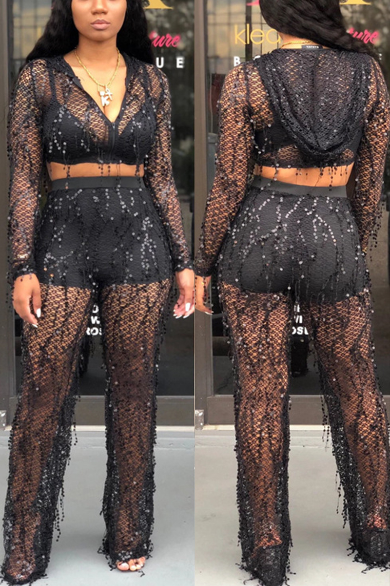 Nightclub Sexy Perspective Mesh Cloth Sequins Black Two-Piece Suit