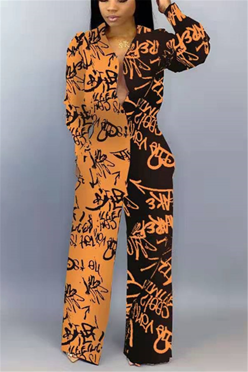 Fashion Graffiti Letter Print Stitching Cardigan Orange Jumpsuit