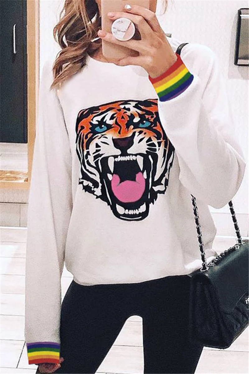 Fashion Casual Round Neck Print Tiger Head Sweater