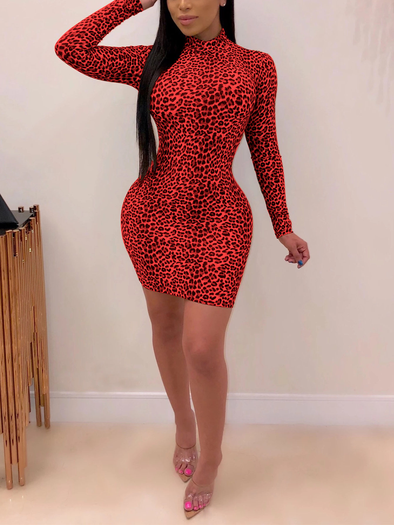 Sexy Leopard Print Long Sleeve Red Dress