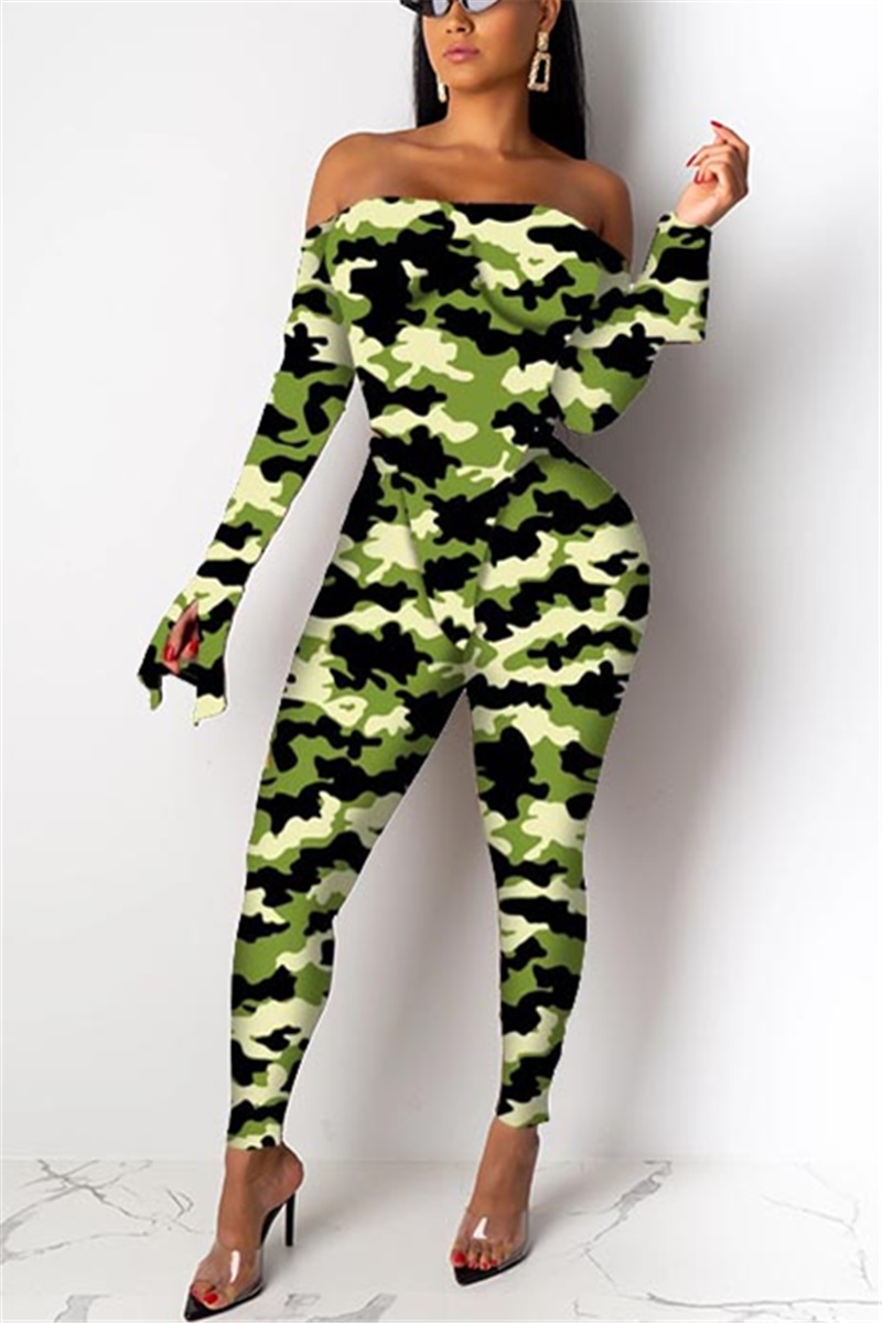 Nightclub Sexy Long Sleeve Leopard Print Perspective Camouflage Green Two-Piece Suit