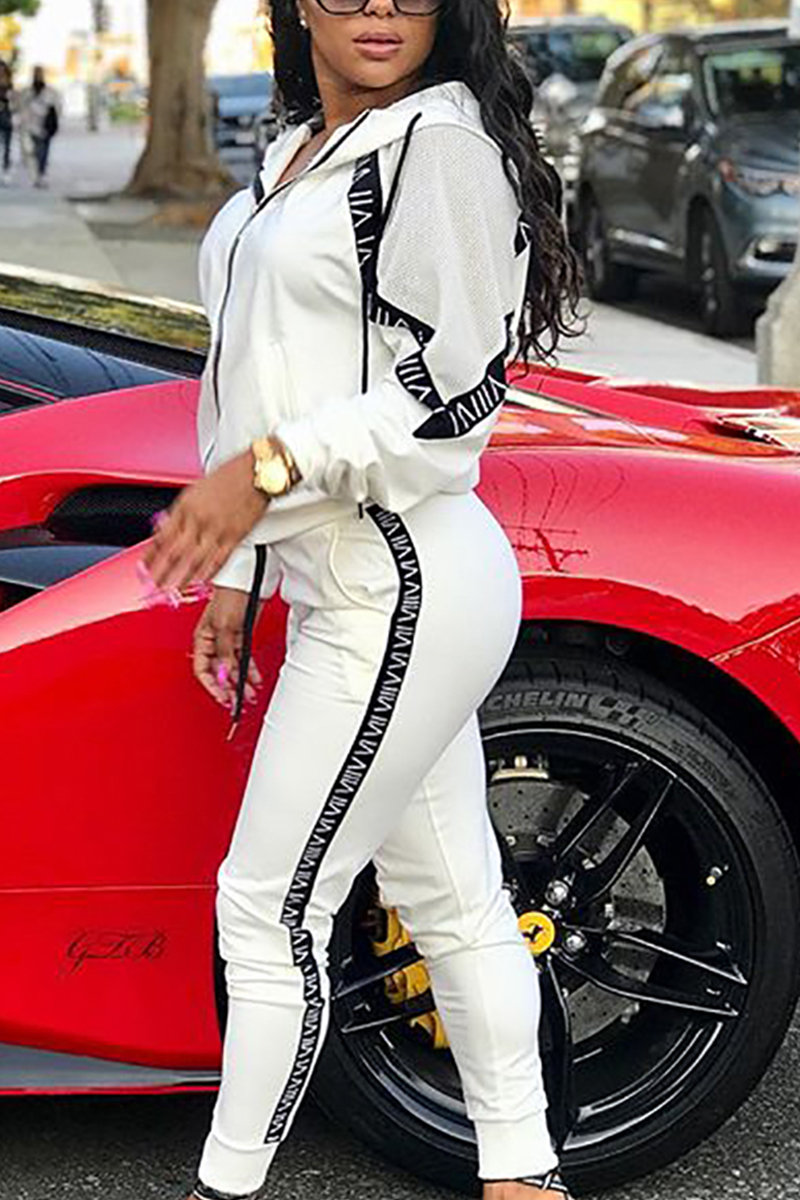 Fashion Sports Hooded Tops White Two-Piece Suit